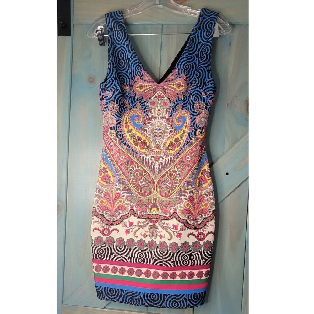 Bebe Paisley Scuba Dress Funky Boho-inspired Mini Sheath Tank Dress Size XS